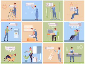 Air conditioning set of flat isolated square compositions with people at homes and workers installing conditioners vector illustration